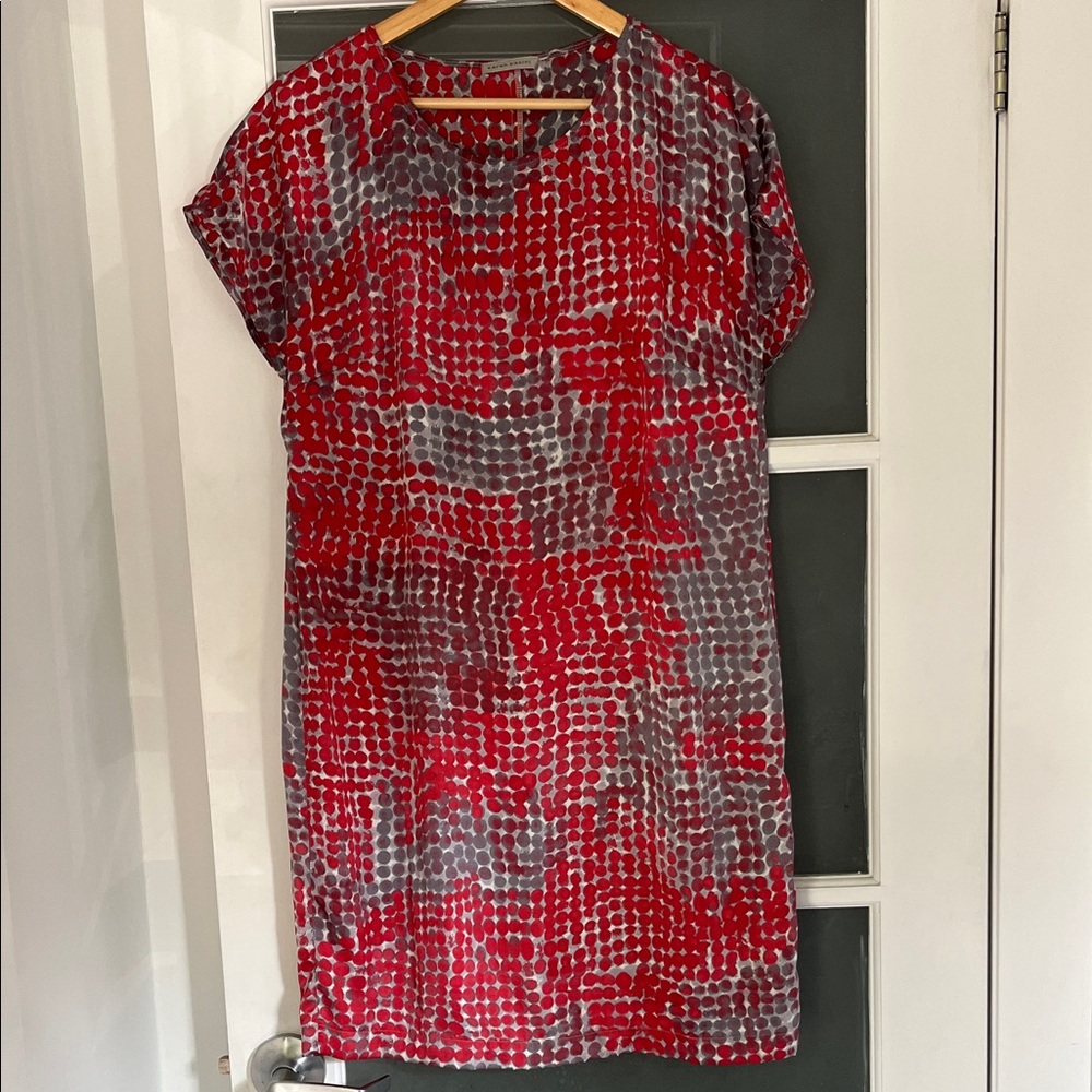 SARAH PACINI grey and red abstract watercolour polkadot print shift dress